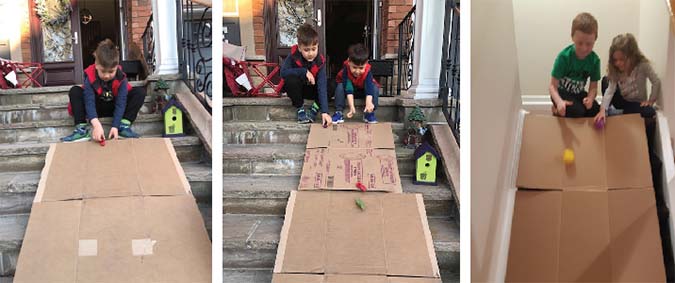 A collage of pictures that show children tossing different items down their homemade cardboard ramp